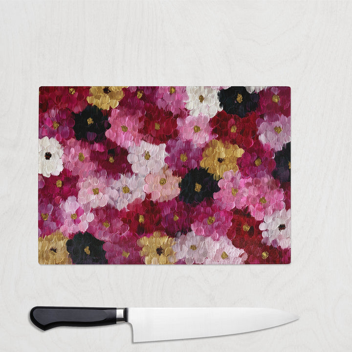 bold floral glass chopping board worktop saver pink kitchen board UK