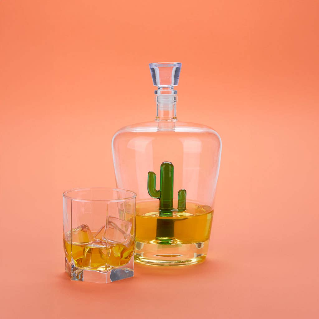 1-litre glass decanter with green cactus detail and stopper