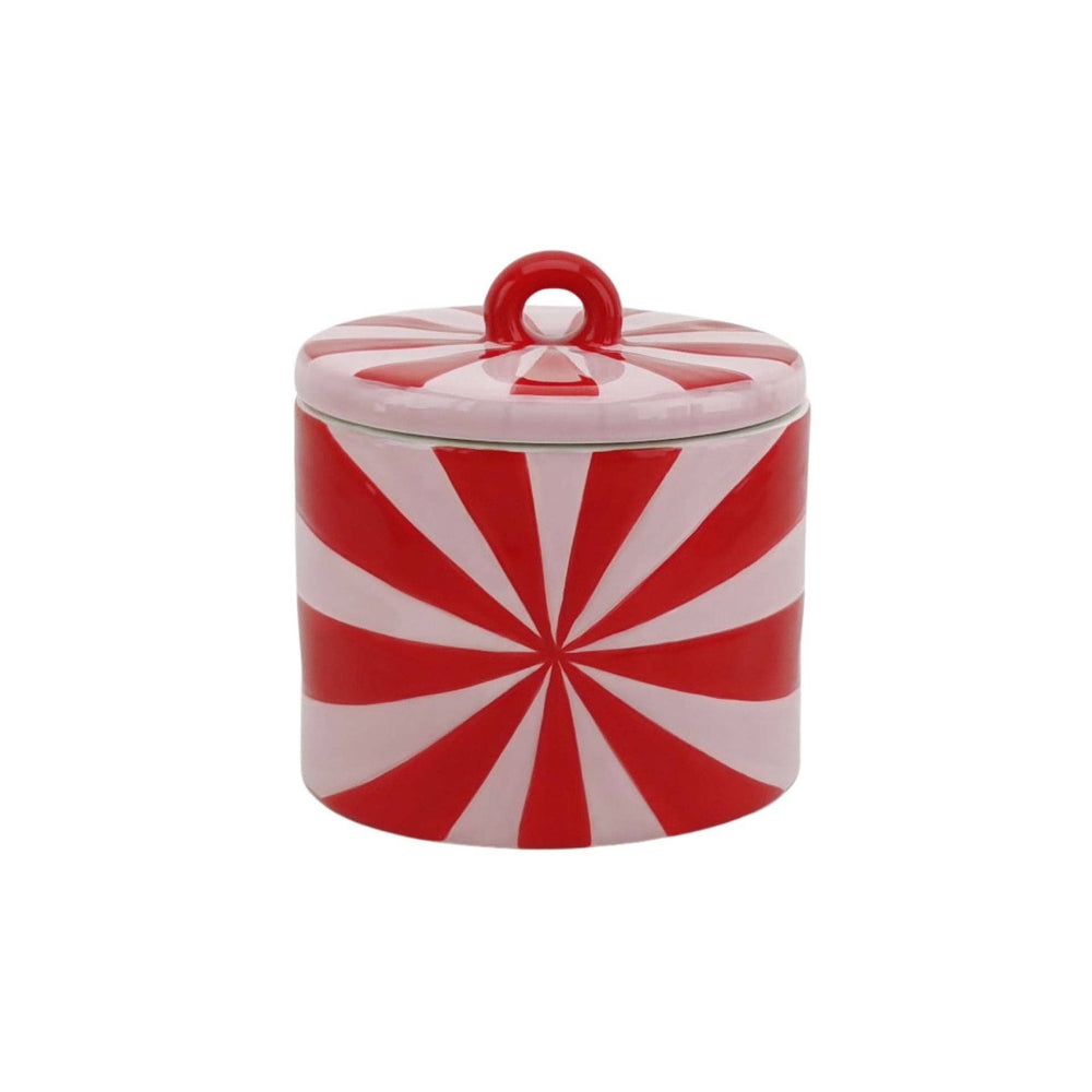 Red and pink swirl ceramic jar with lid in glossy dolomite finish