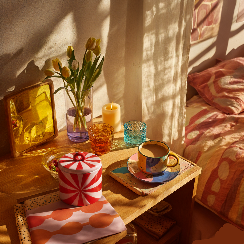 Table with a cup, candle, and flowers in a softly lit room.