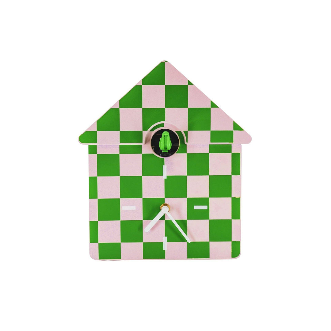 Checkered green and pink birdhouse with a small black and green logo on a white background