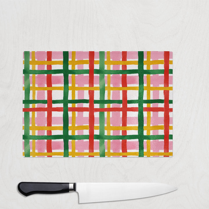 colourful check glass chopping board worktop saver pink kitchen board UK