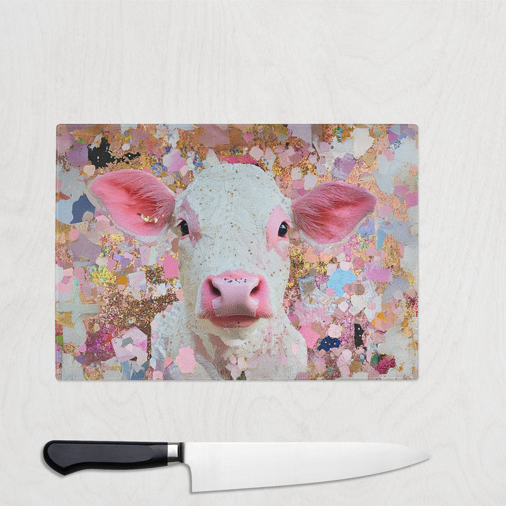 A glittery pink cow on a confetti-style background printed on a glass chopping board – colourful, bold, and fun kitchen decor with a Highland cow twist.