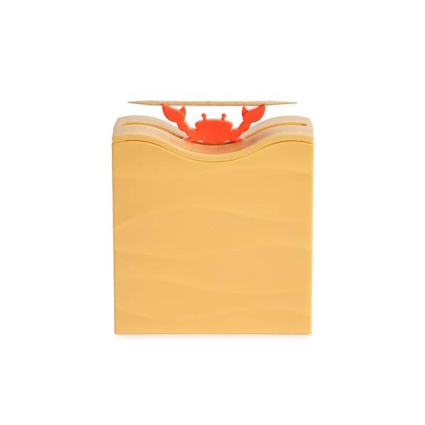 Yellow container with a red crab design on a white background