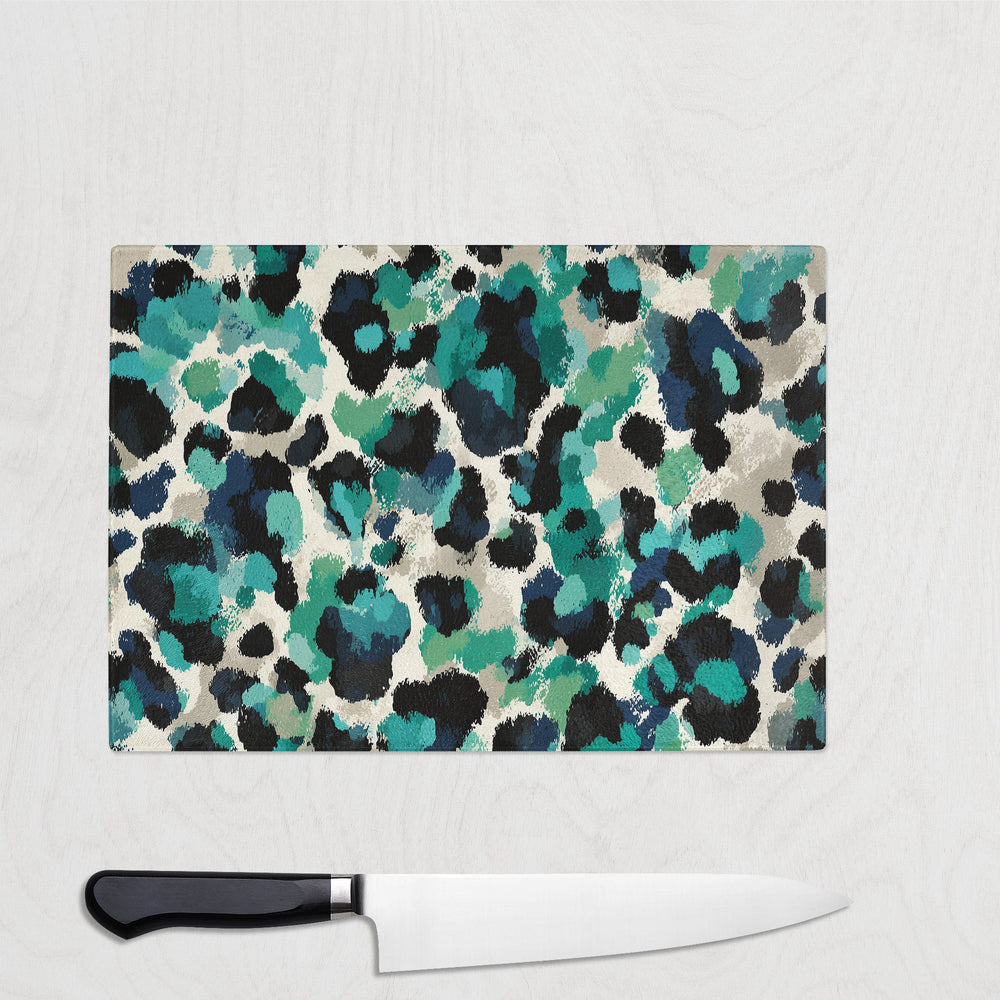 deep teal leopard print glass chopping board worktop saver colourful kitchen board UK