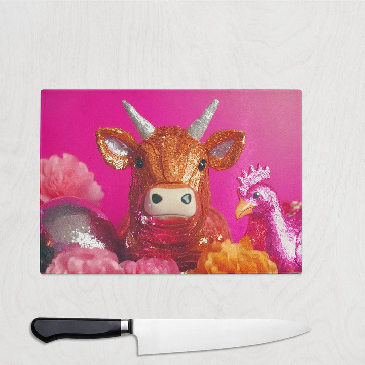 Glittery orange cow and pink chicken on a hot pink background – bold and fun glass chopping board for maximalist kitchens.