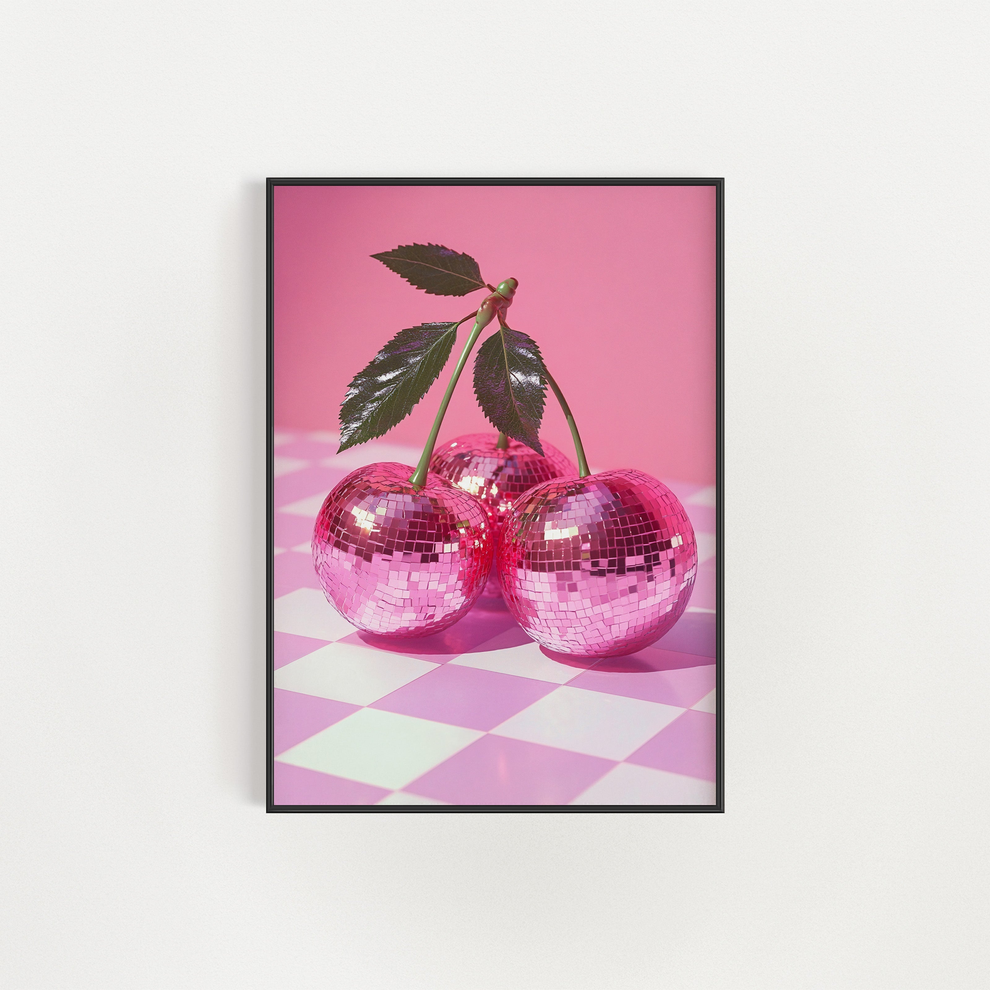 Digital Download Art of pink disco balls shaped like cherries on a pink checkered background.