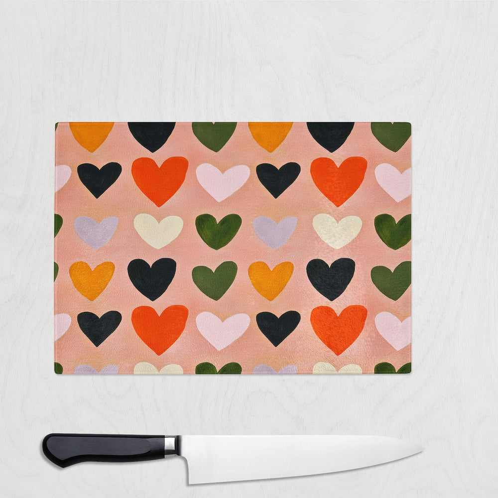 heart print glass chopping board worktop saver colourful kitchen board UK