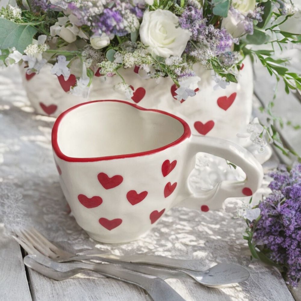 Faded Pink Red Heart Shape Mug With Heart Handle