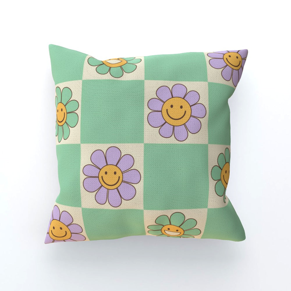 Green Flower Checkerboard Smiley Cushion