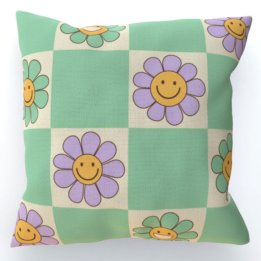 Green Flower Checkerboard Smiley Cushion - Yililo