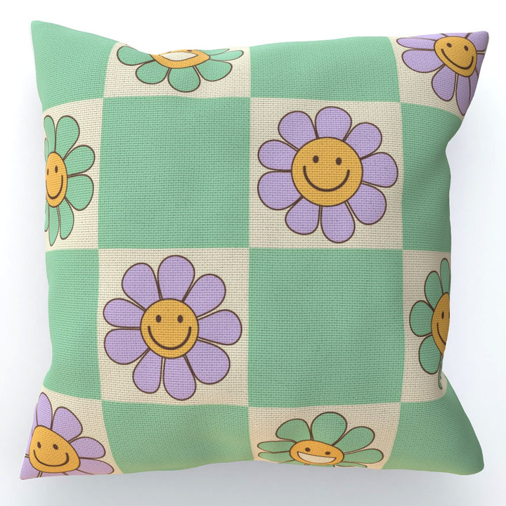 Green Flower Checkerboard Smiley Cushion