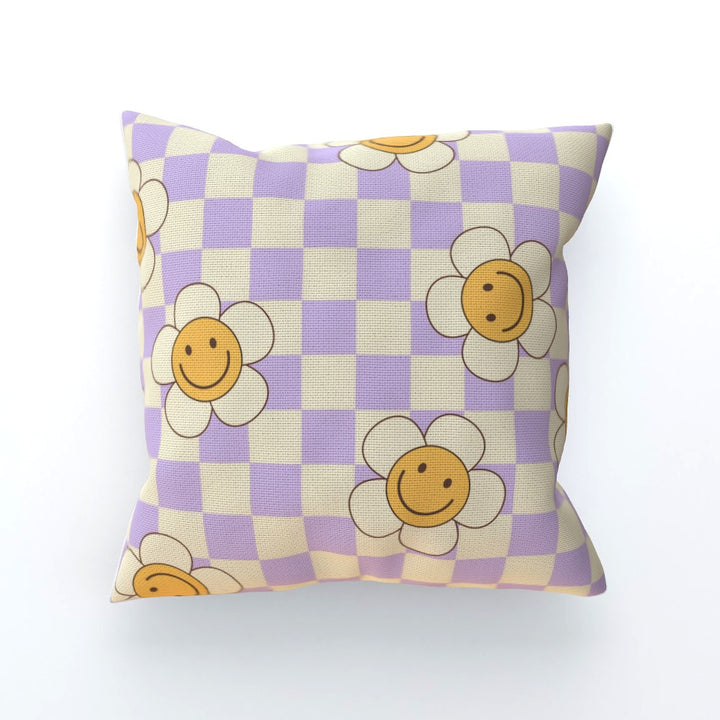 Lilac Check Flower Smiley Cushion - Yililo