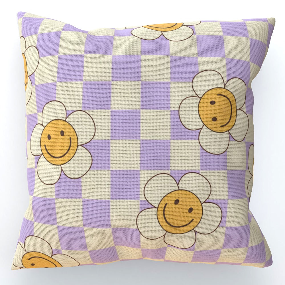 Lilac Check Flower Smiley Cushion