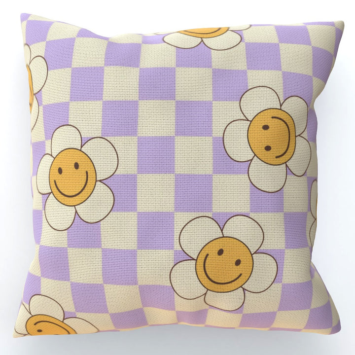 Lilac Check Flower Smiley Cushion - Yililo