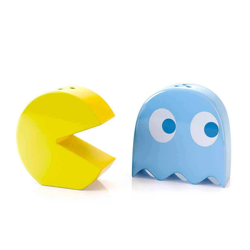Pac-Man and Inky Ghost ceramic salt and pepper shakers