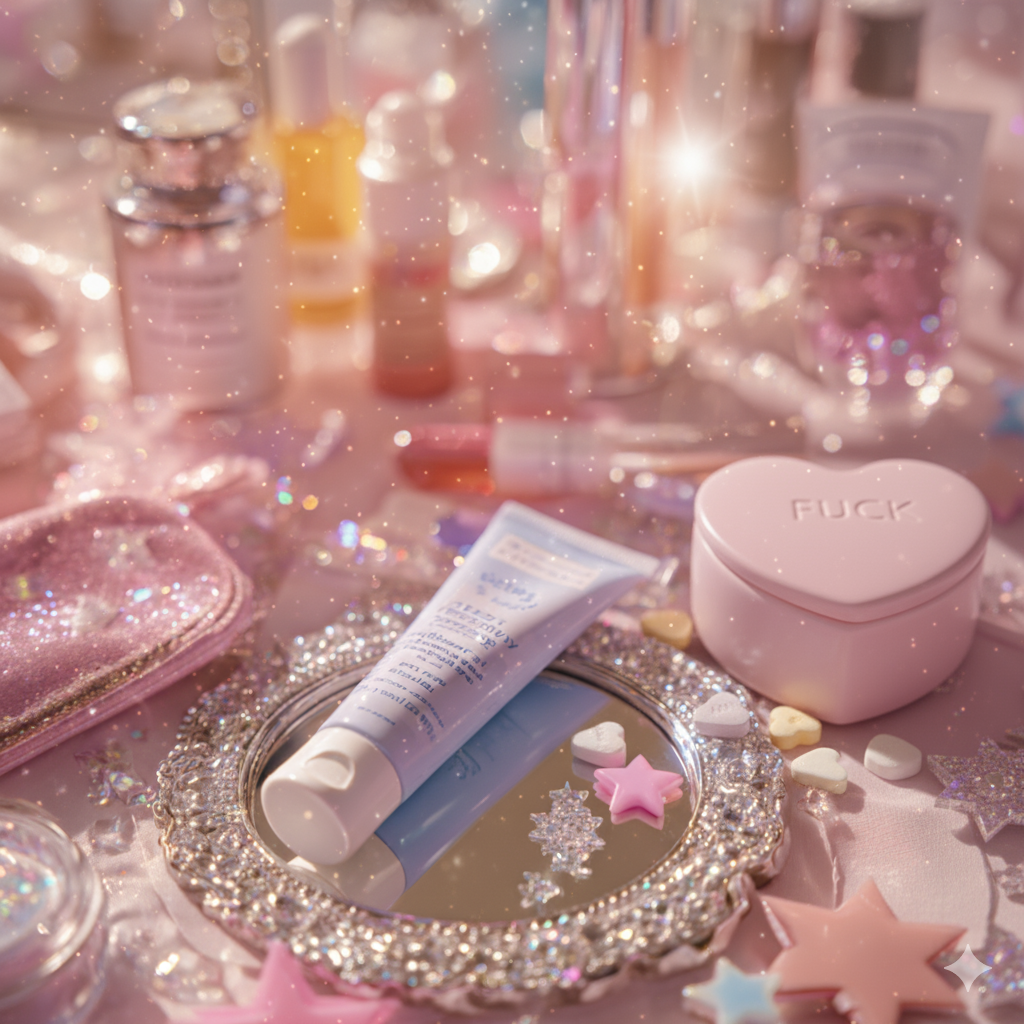 Cosmetic products on a glittery surface with decorative items