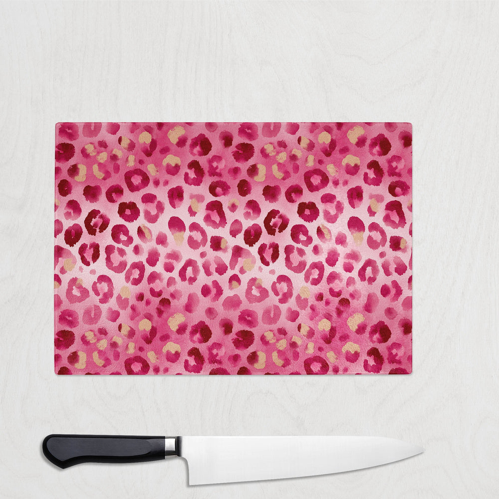 pink leopard print glass chopping board worktop saver colourful kitchen board UK
