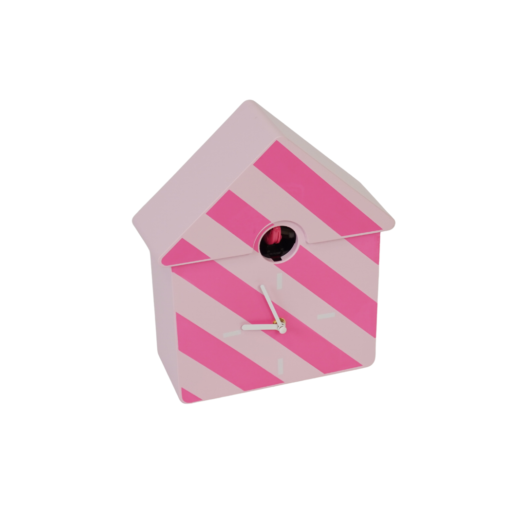 Pink and white striped cuckoo clock on a white background