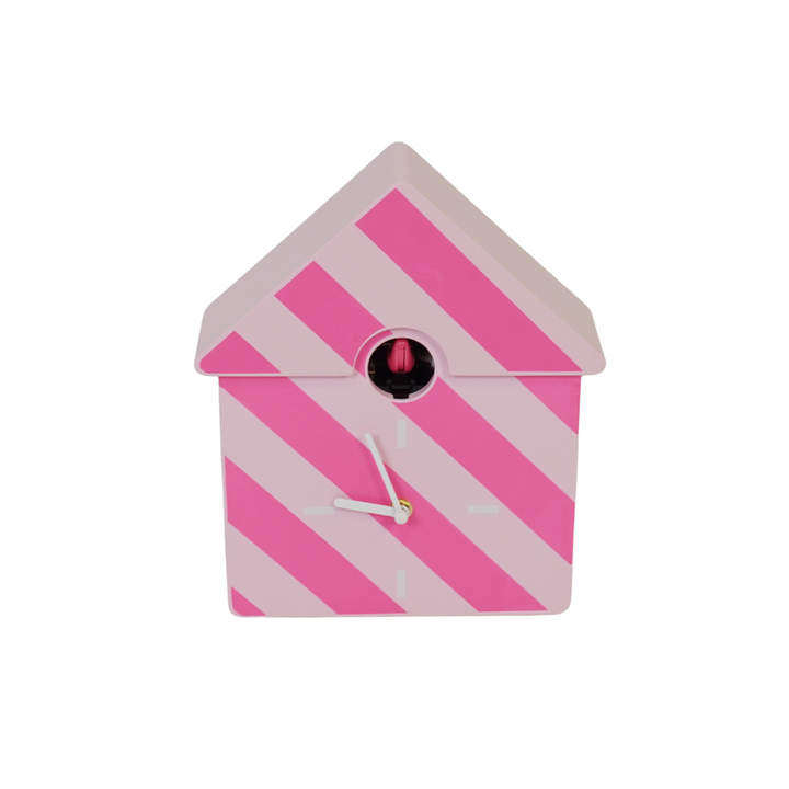 Pink striped cuckoo clock with white hands and modern retro design