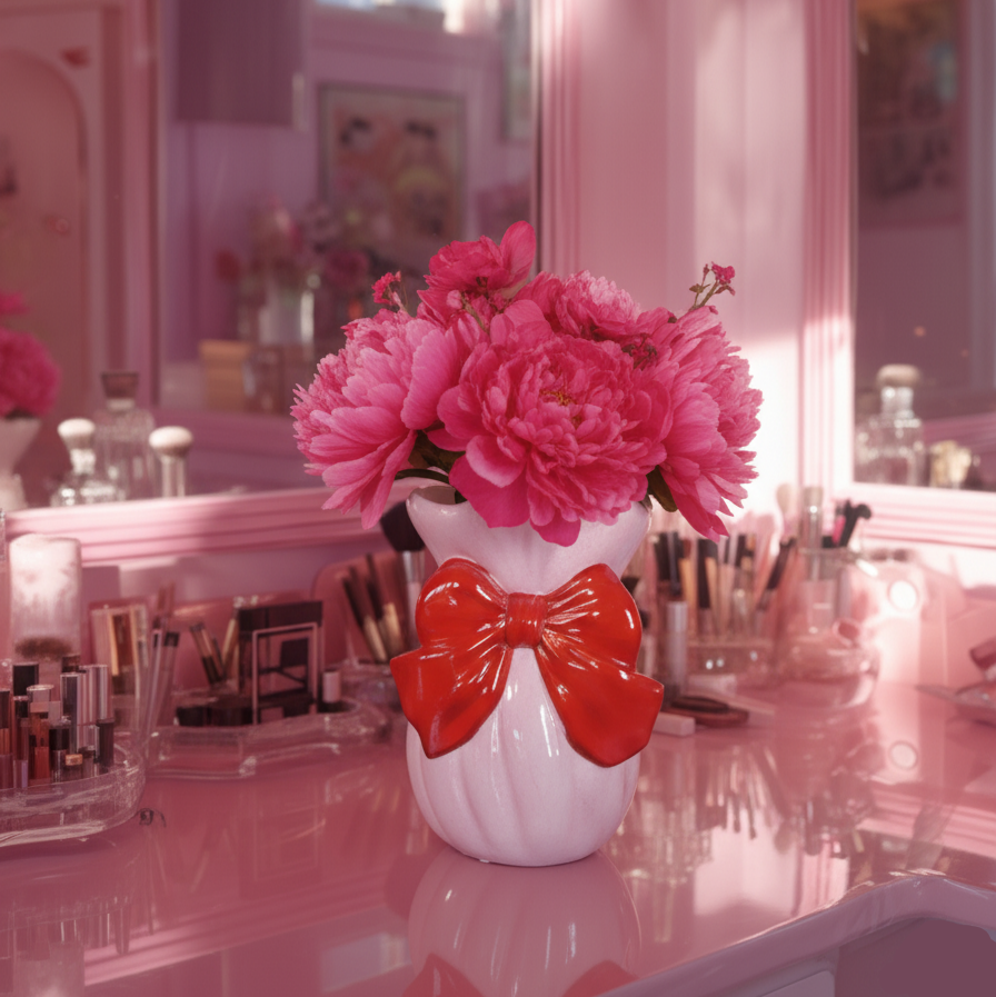 Pink floral arrangement in a vase with a red bow on a vanity table.