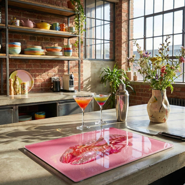 Modern kitchen with colorful drinks on a pink cutting board, shelves with cookware, and large windows.