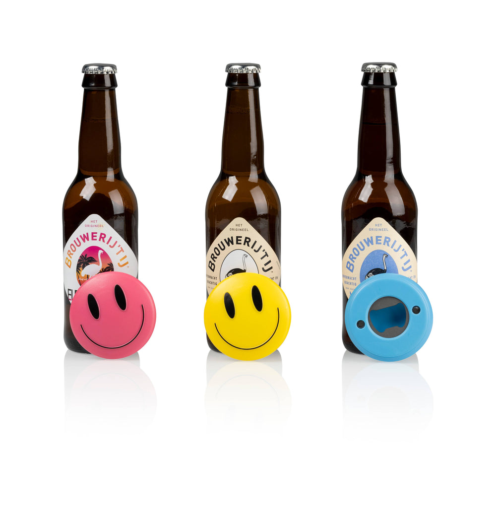 Three bottles of Brouwerij Utz with smiley face bottle openers on a white background