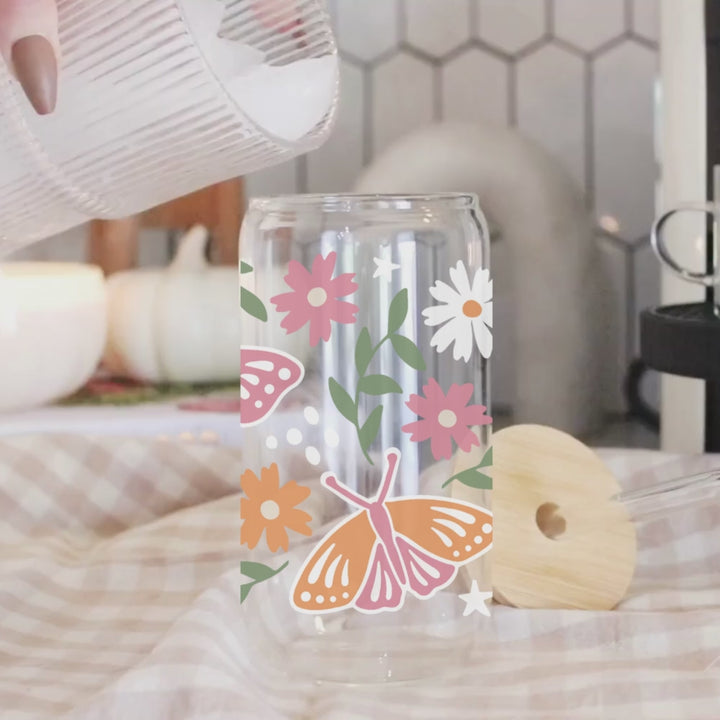 Schmetterlinge und Blumen Glasbierdose Bambusdeckel Strohhalm 16oz