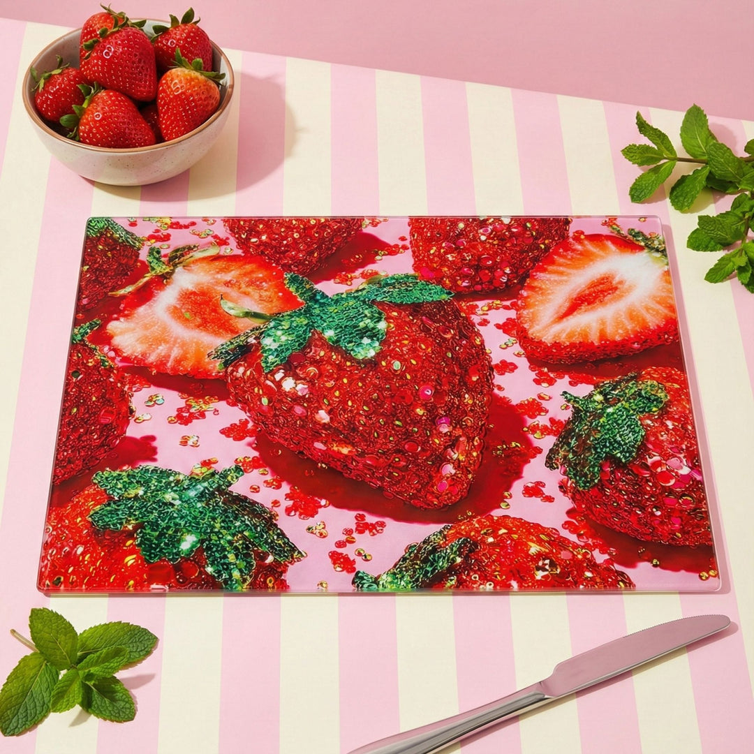 Strawberry-themed glass chopping board on a pink and white striped tablecloth with strawberries and a knife.