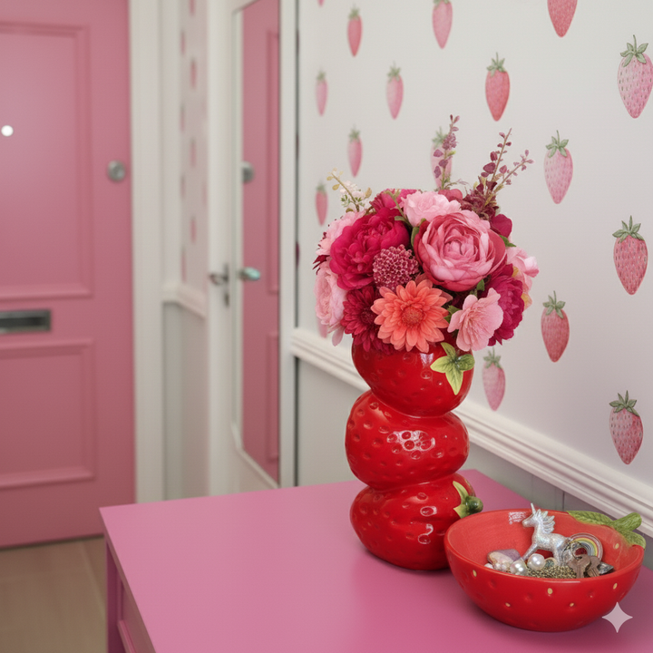 stawberry stack vase in a pink hallway