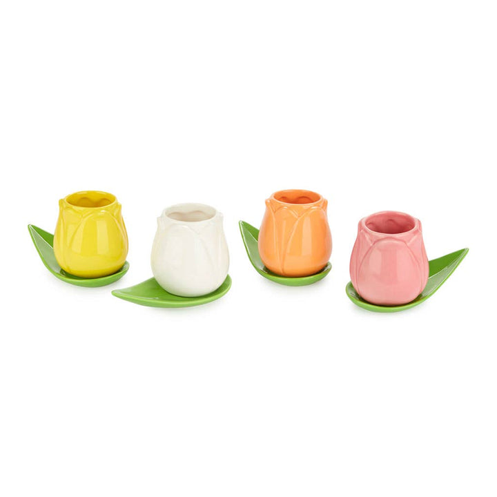 Set of 4 ceramic tulip coffee cups with leaf-shaped saucers in pink, orange, yellow and white