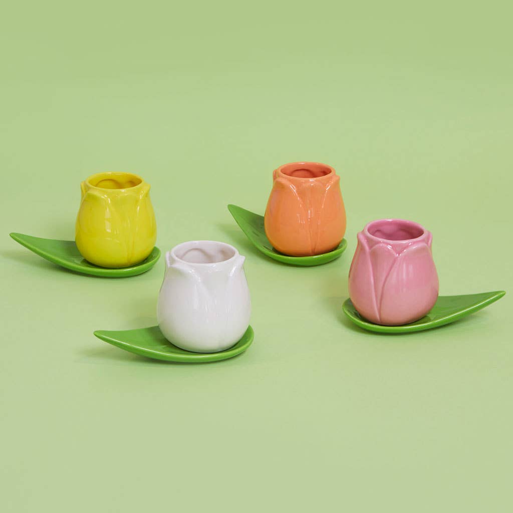 Set of 4 ceramic tulip coffee cups with leaf-shaped saucers in pink, orange, yellow and white