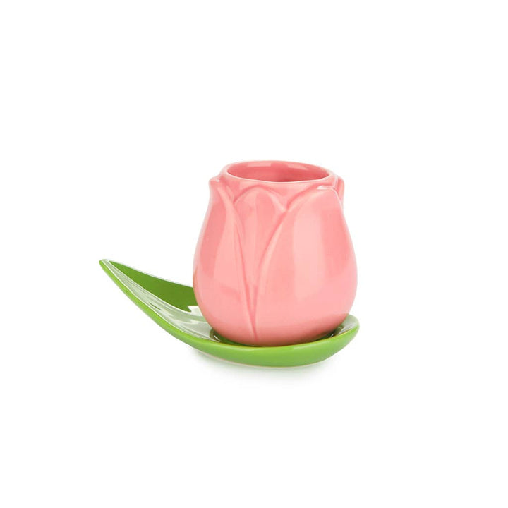 Set of 4 ceramic tulip coffee cups with leaf-shaped saucers in pink, orange, yellow and white
