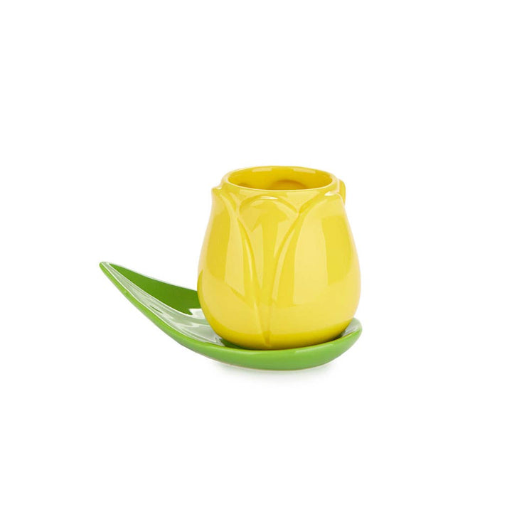 Set of 4 ceramic tulip coffee cups with leaf-shaped saucers in pink, orange, yellow and white