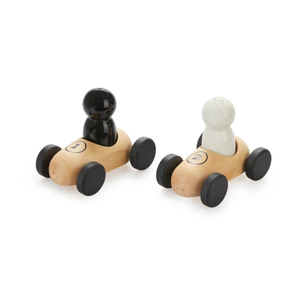 Salt and pepper shaker set with wooden vehicle bases and ceramic pilot-shaped shakers