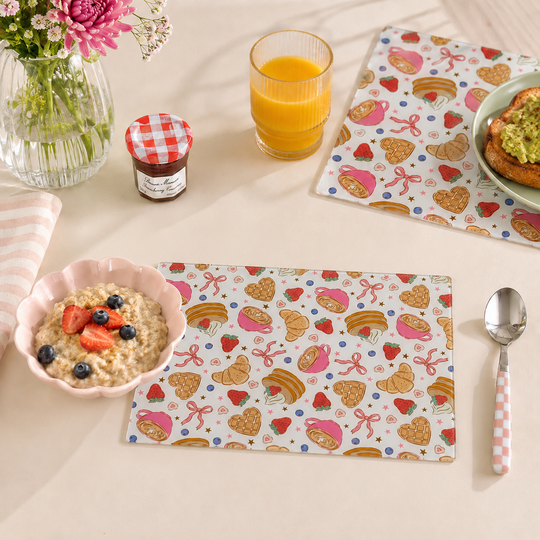 Yililo Berry Brunch glass placemats, printed with a colourful berry and brunch design.