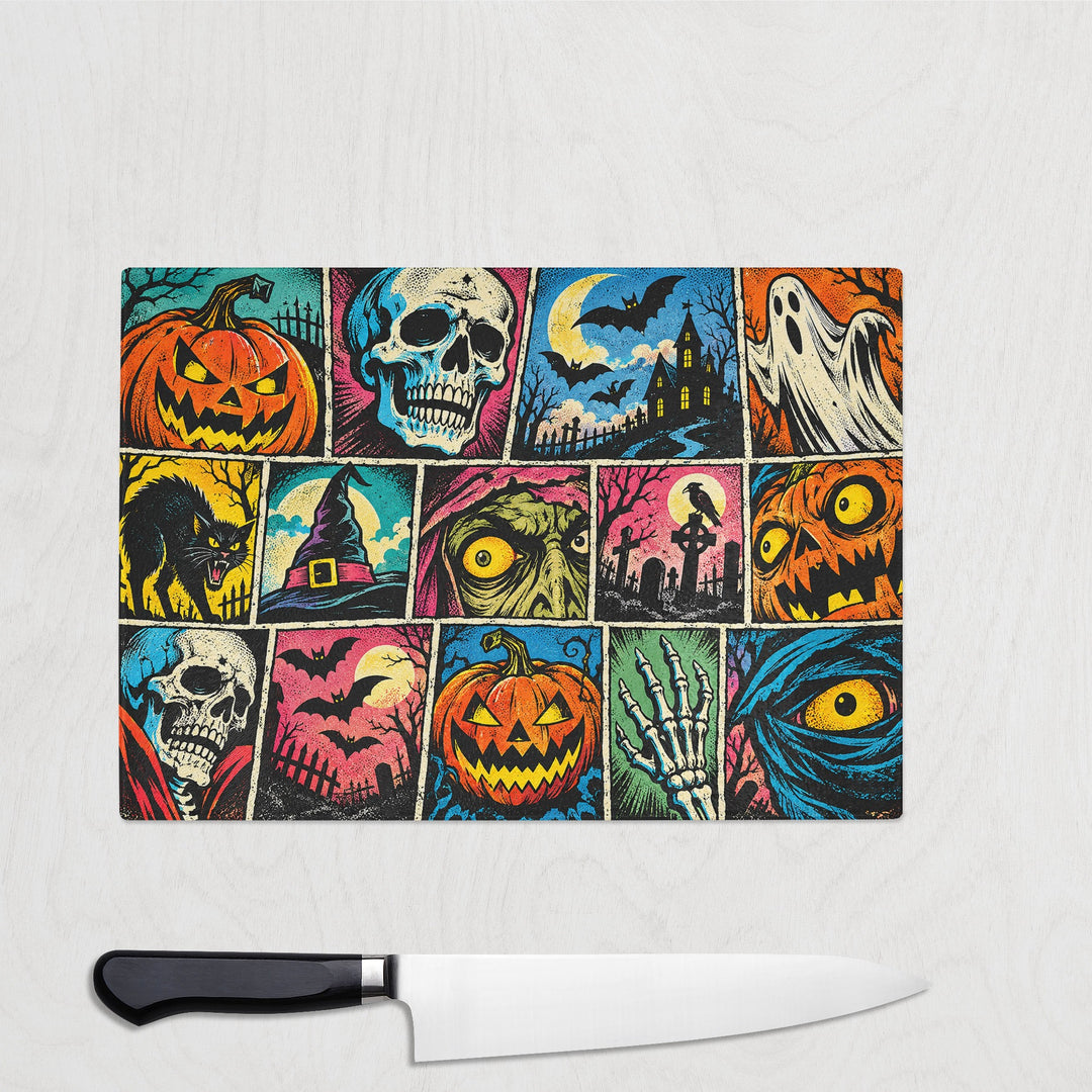 Comic Halloween glass chopping board on a white wood worktop with a chef's knife, fifteen pulp horror comic panels of pumpkins, skulls, bats and a black cat
