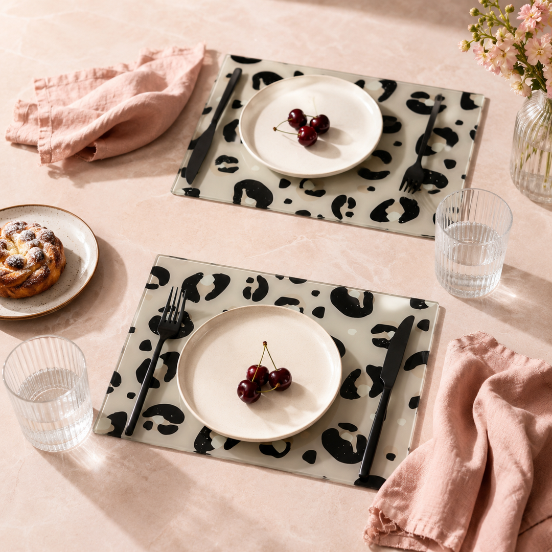 Yililo Cream Leopard Print glass placemats in a soft cream and neutral leopard print.