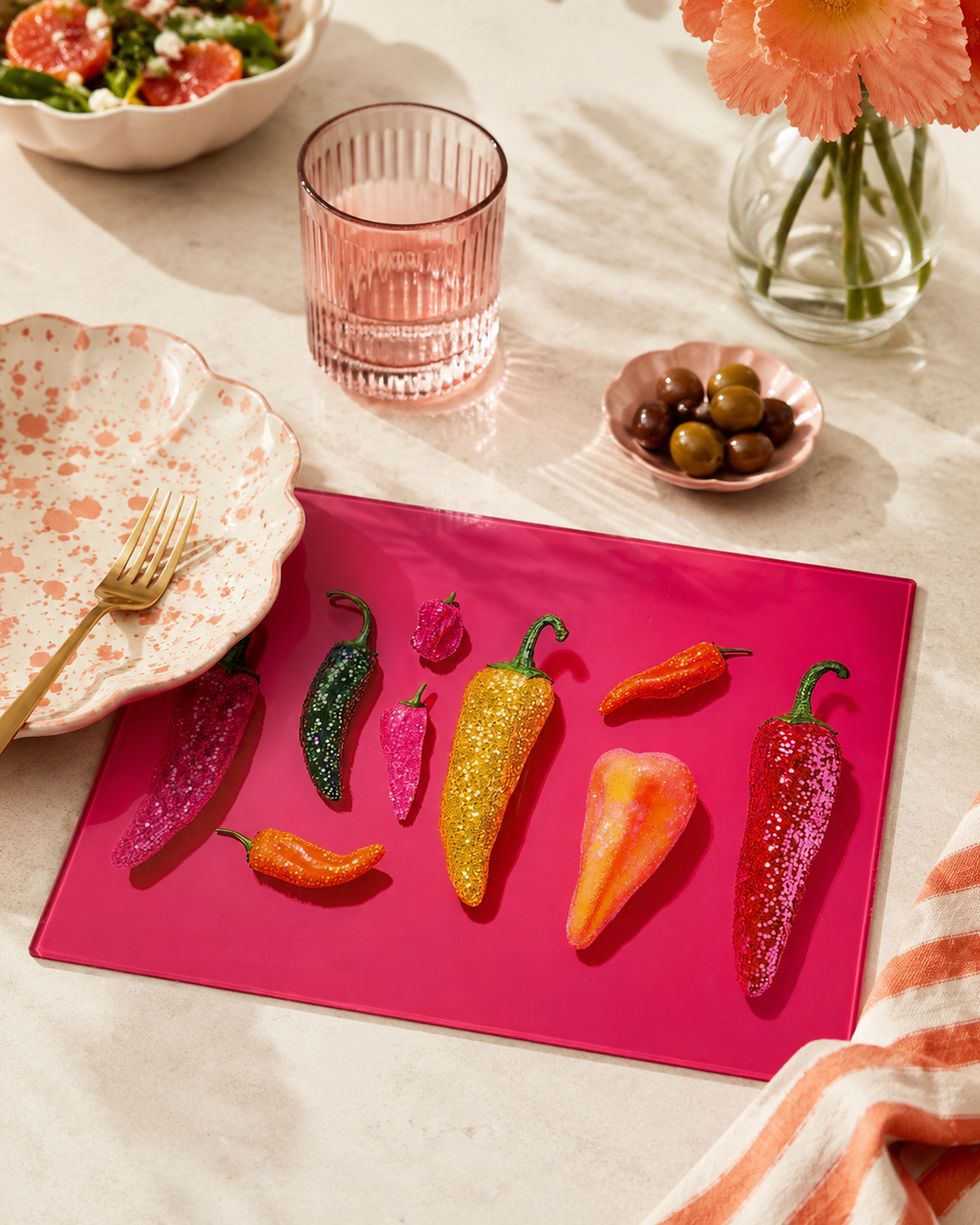 Yililo Glitter Chilli Colourful glass placemats, a second view of the bright glitter-effect chilli design.
