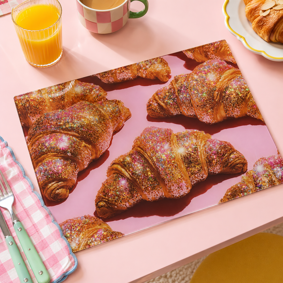Yililo Glitter Croissant glass placemats, printed with glitter-effect croissants.