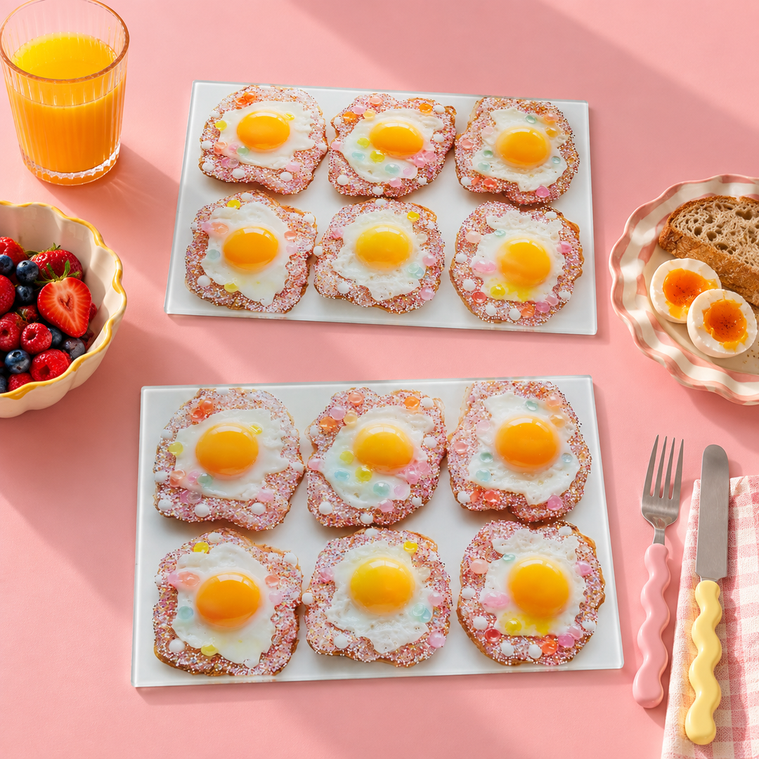 Yililo Glitter Egg glass placemats, printed with playful glitter-effect fried eggs.
