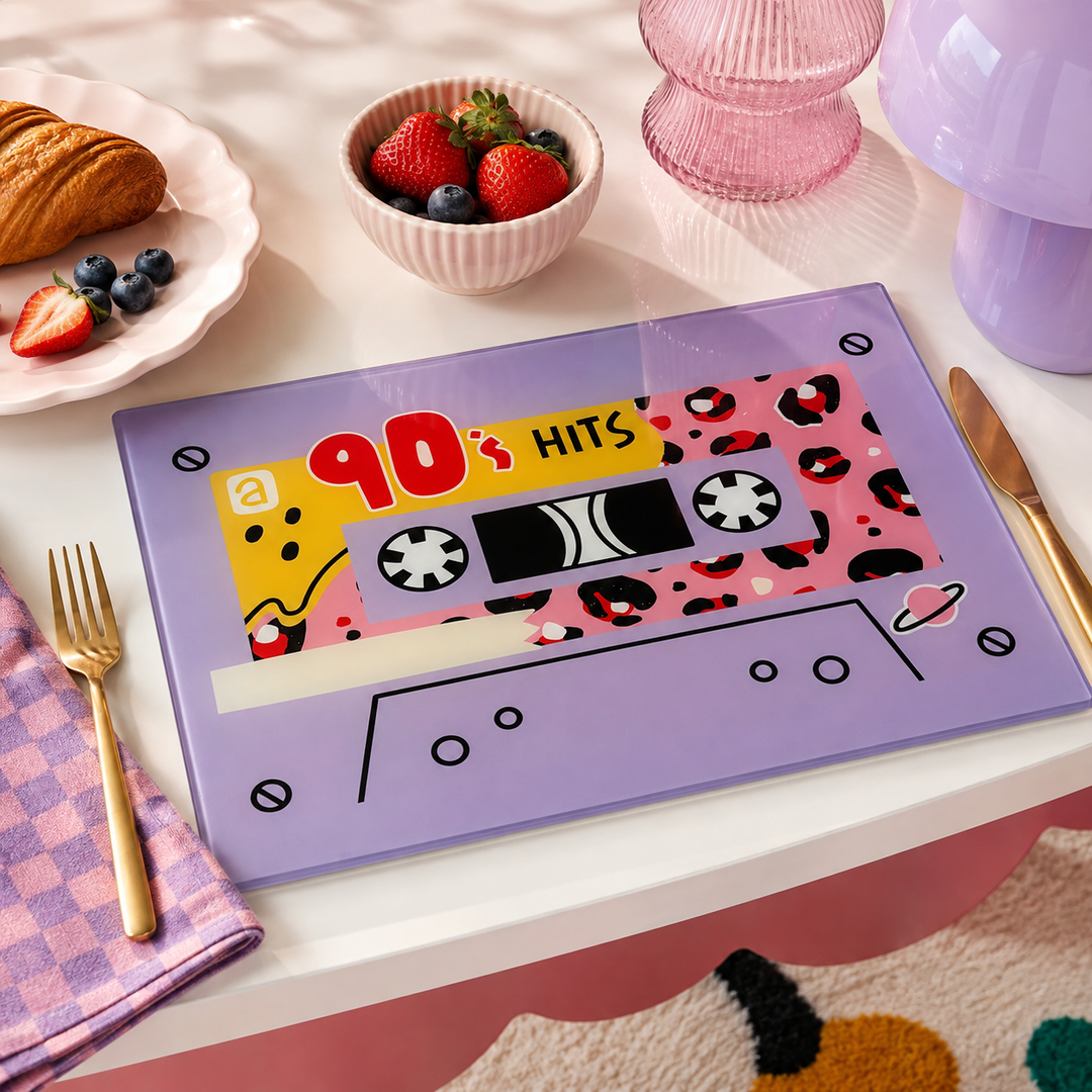 Yililo Lilac 90s Hits Cassette Tape glass placemats, printed with retro lilac cassette tapes.