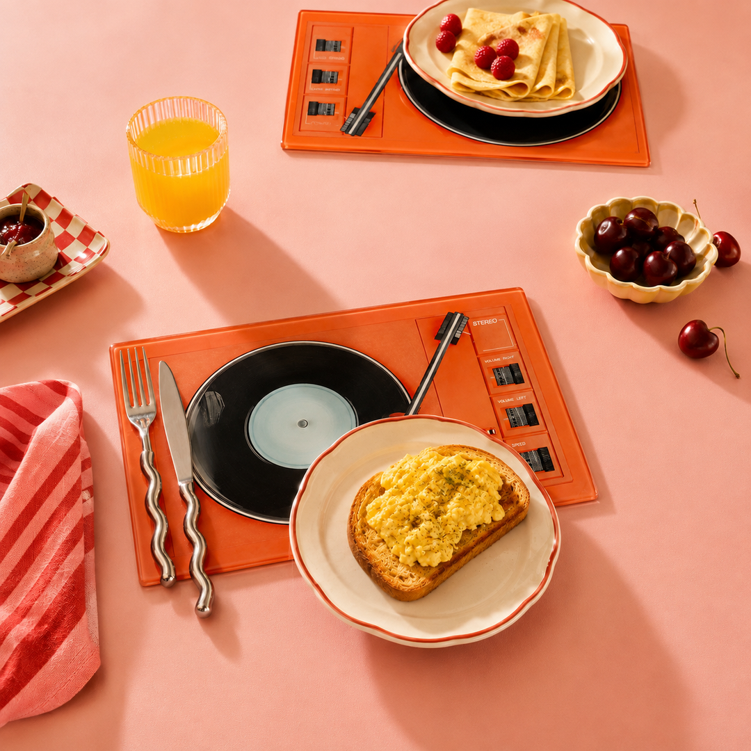 Yililo Orange Record Player Turntable glass placemats, printed with a retro orange turntable design.