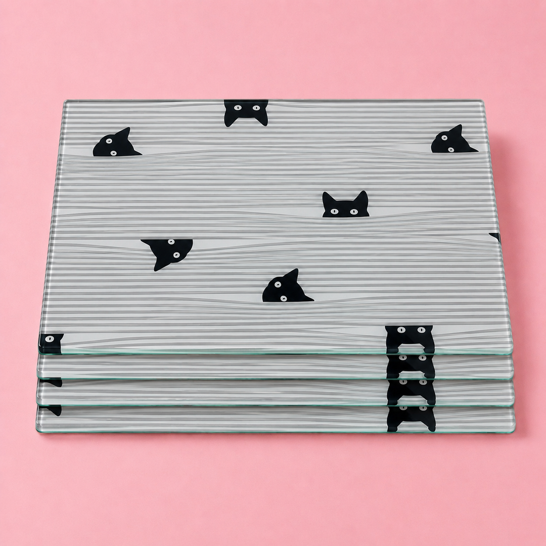 Yililo Peeping Black Cat glass placemats, printed with curious black cats peeping over the edge.