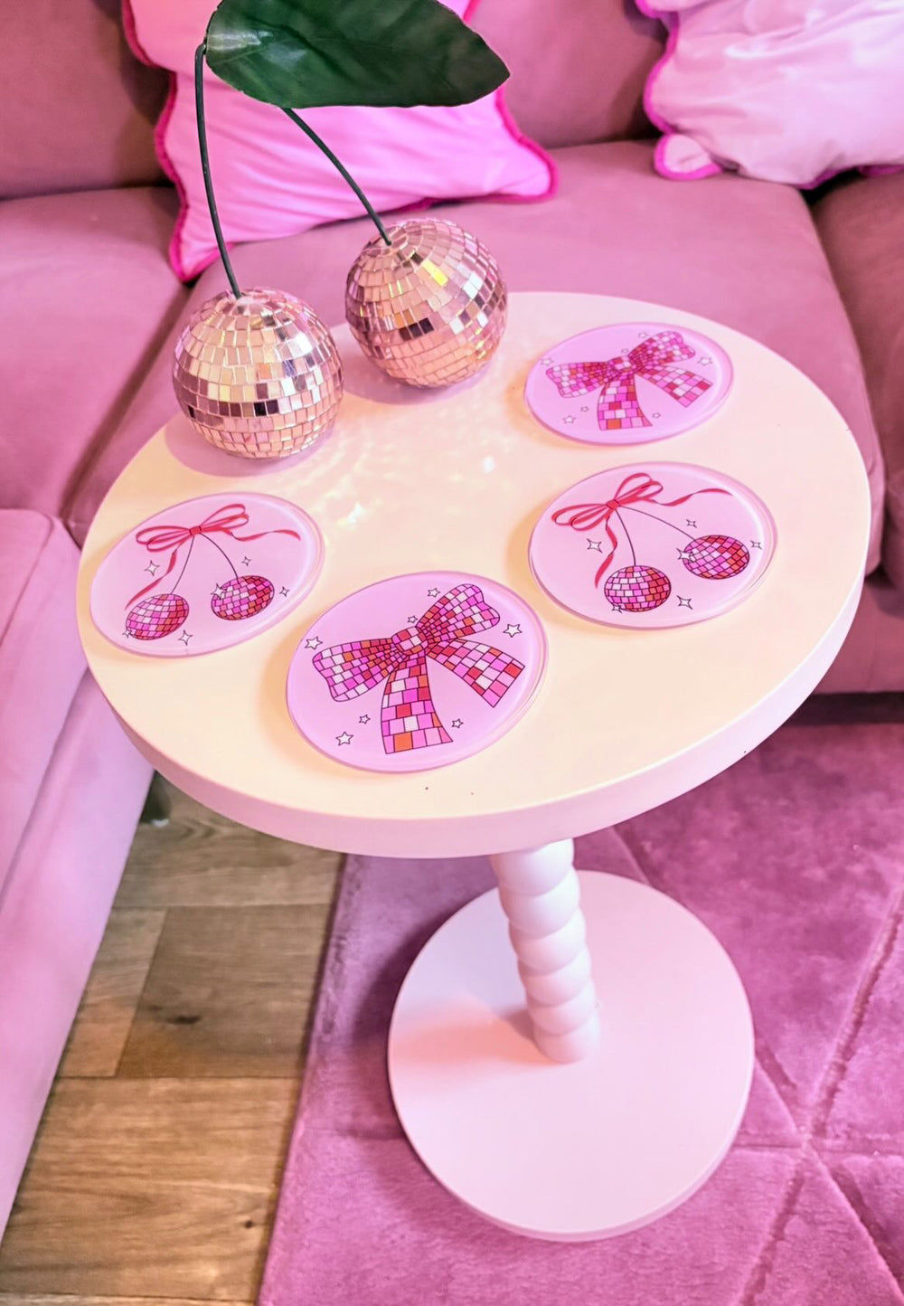Pink Disco Cherry And Bow 4 piece glass coaster set, another view of the round pink coasters with cherry, bow, ribbon and disco ball designs