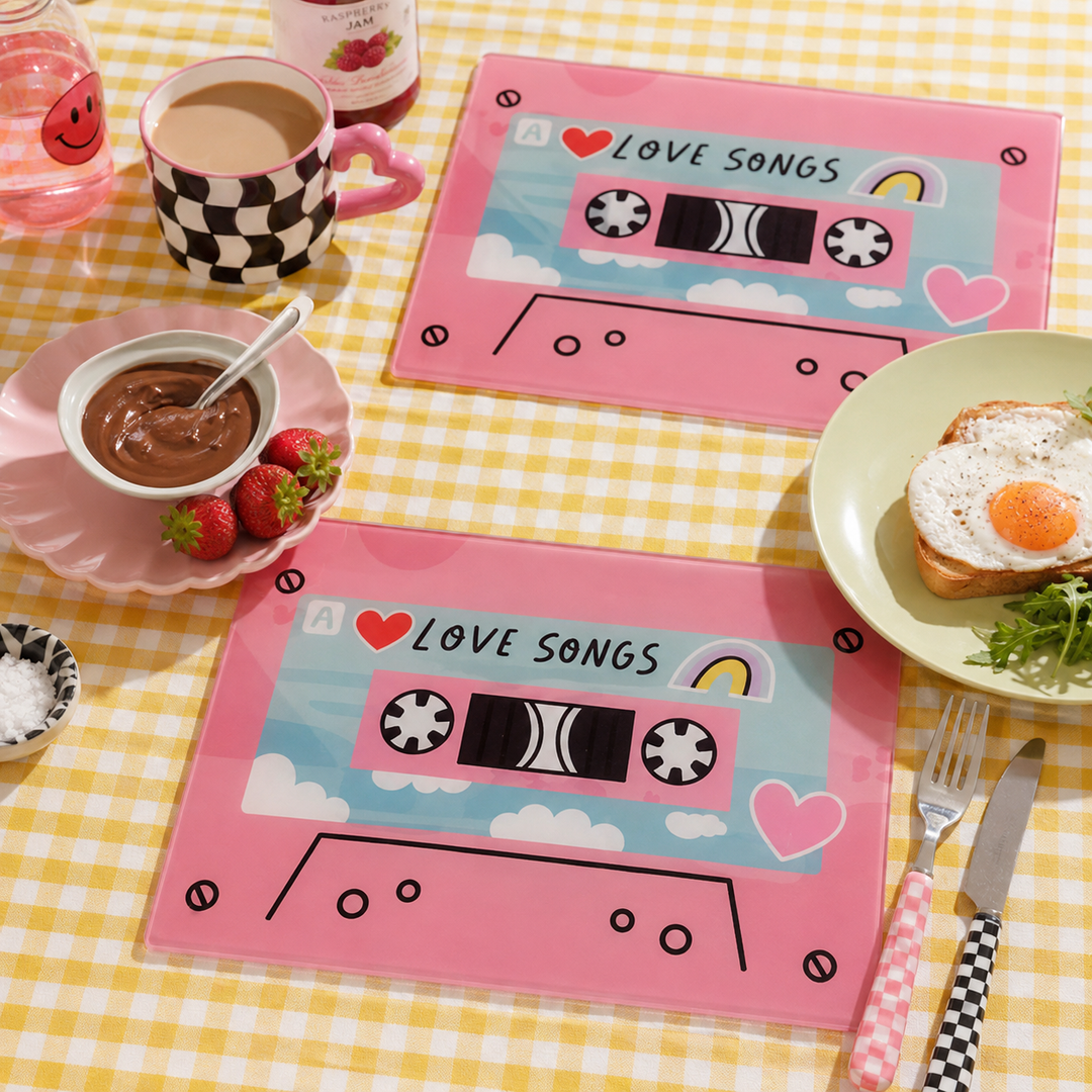 Yililo Pink Love Songs Cassette Tape glass placemats, printed with retro pink cassette tapes.