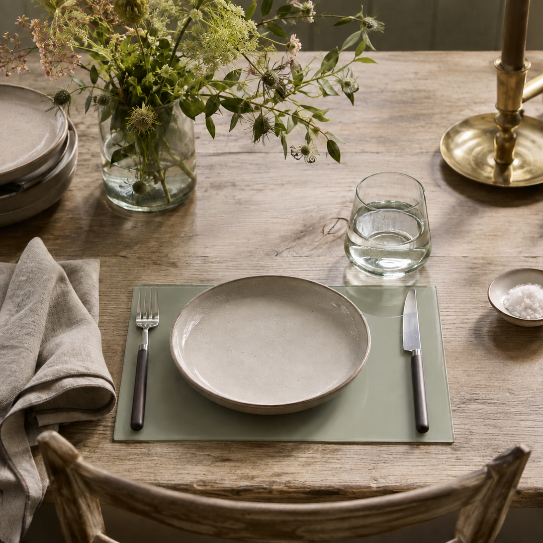 Yililo Quiet Sage glass placemats in a soft muted sage green.