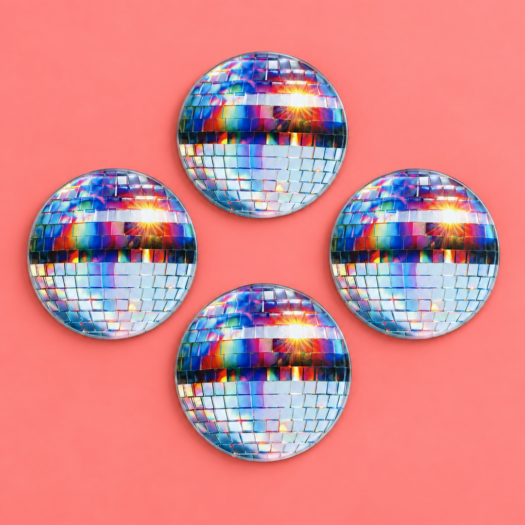 Rainbow Disco Ball 4 piece glass coaster set, another view of the round rainbow mirrorball glass coasters