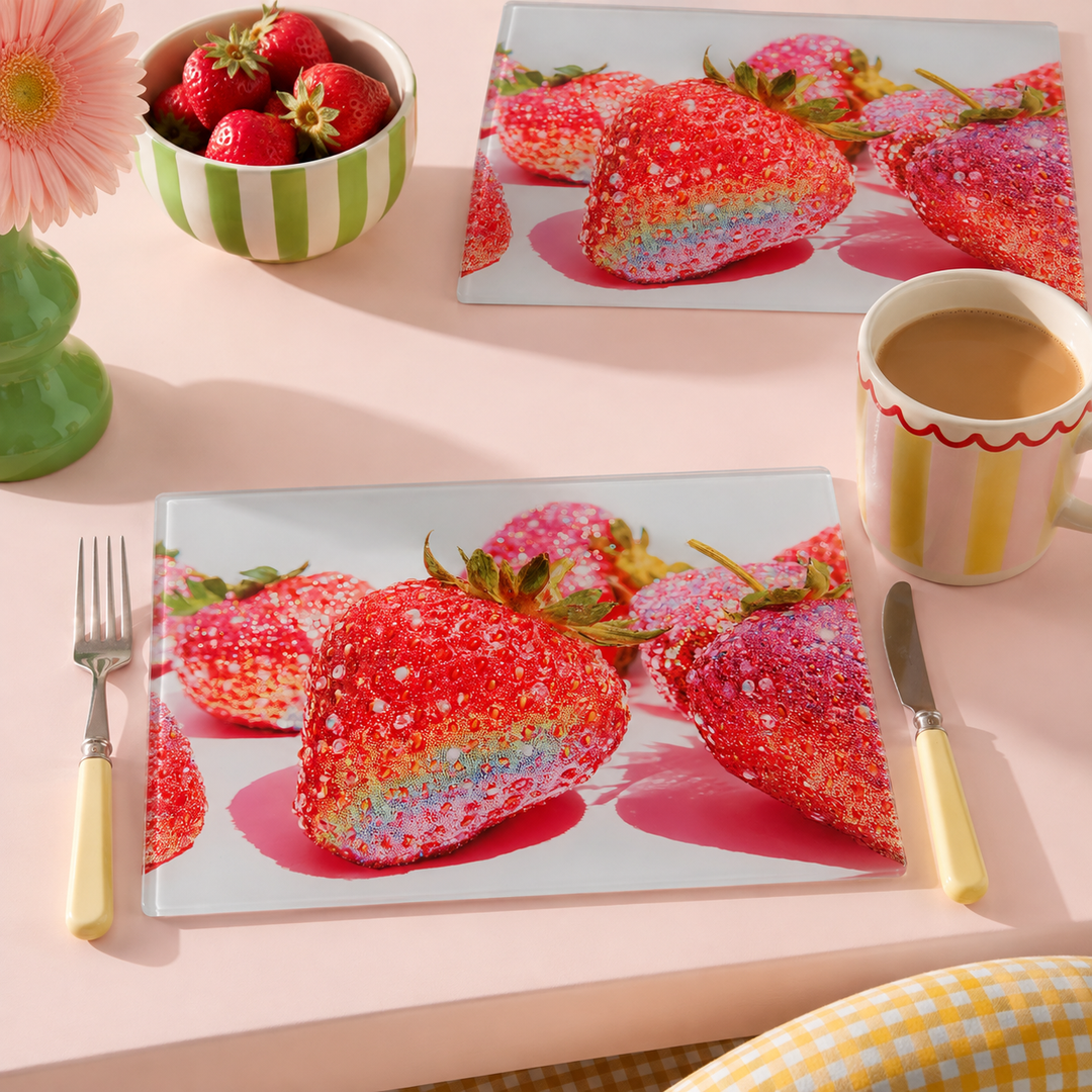 Yililo Rainbow Glitter Strawberry glass placemats, printed with glitter-effect strawberries in rainbow colours.