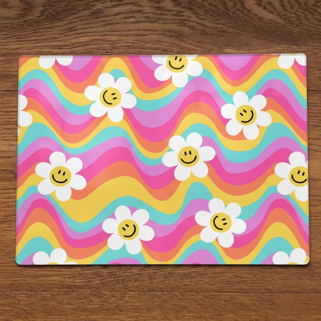Yililo Rainbow Wave Flower glass placemats, a pastel rainbow wave and smiley flower design.